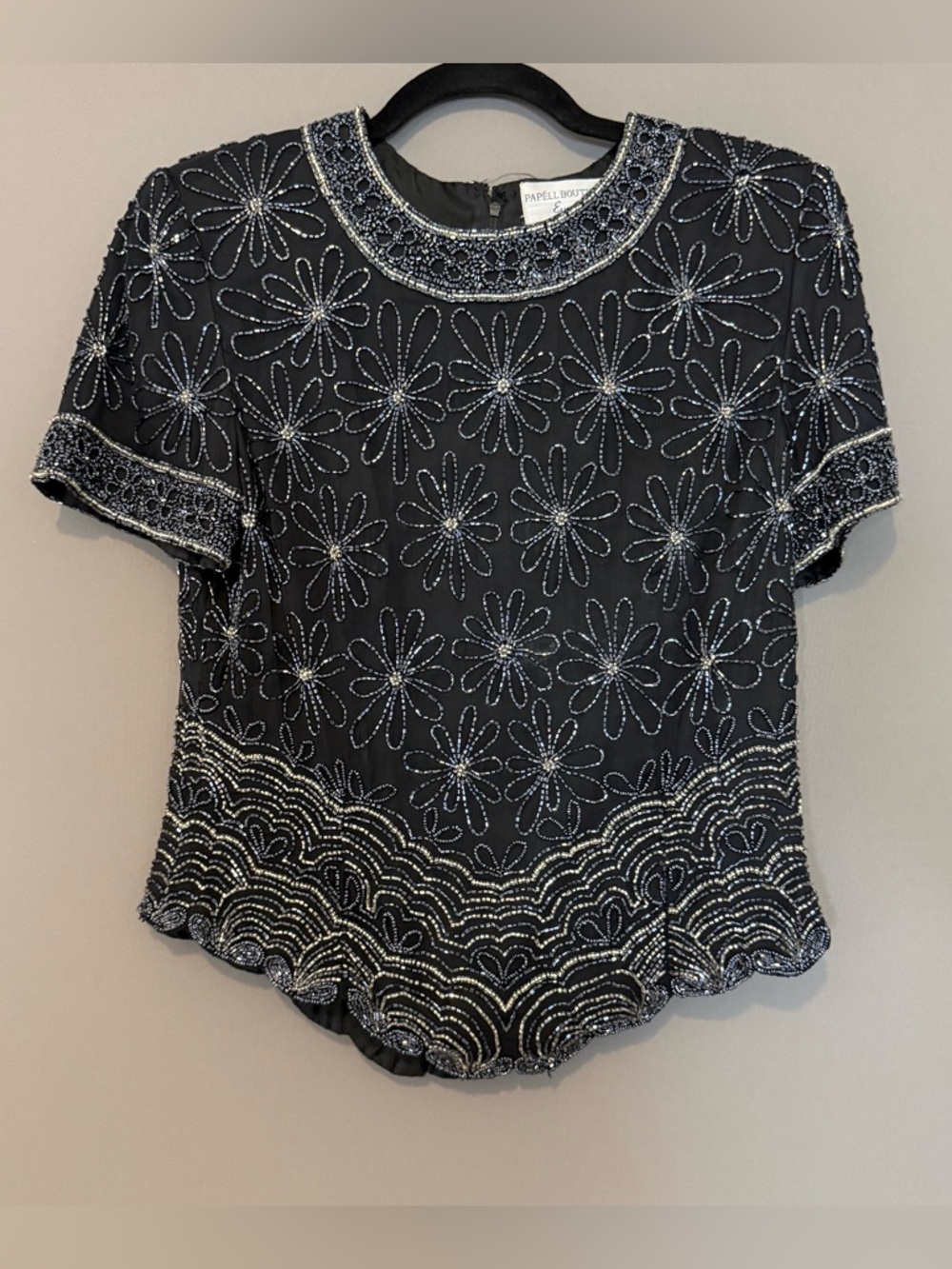 vtg 90s Adriana Papell Boutique Evening Beaded Silk Floral Top Black Silver M